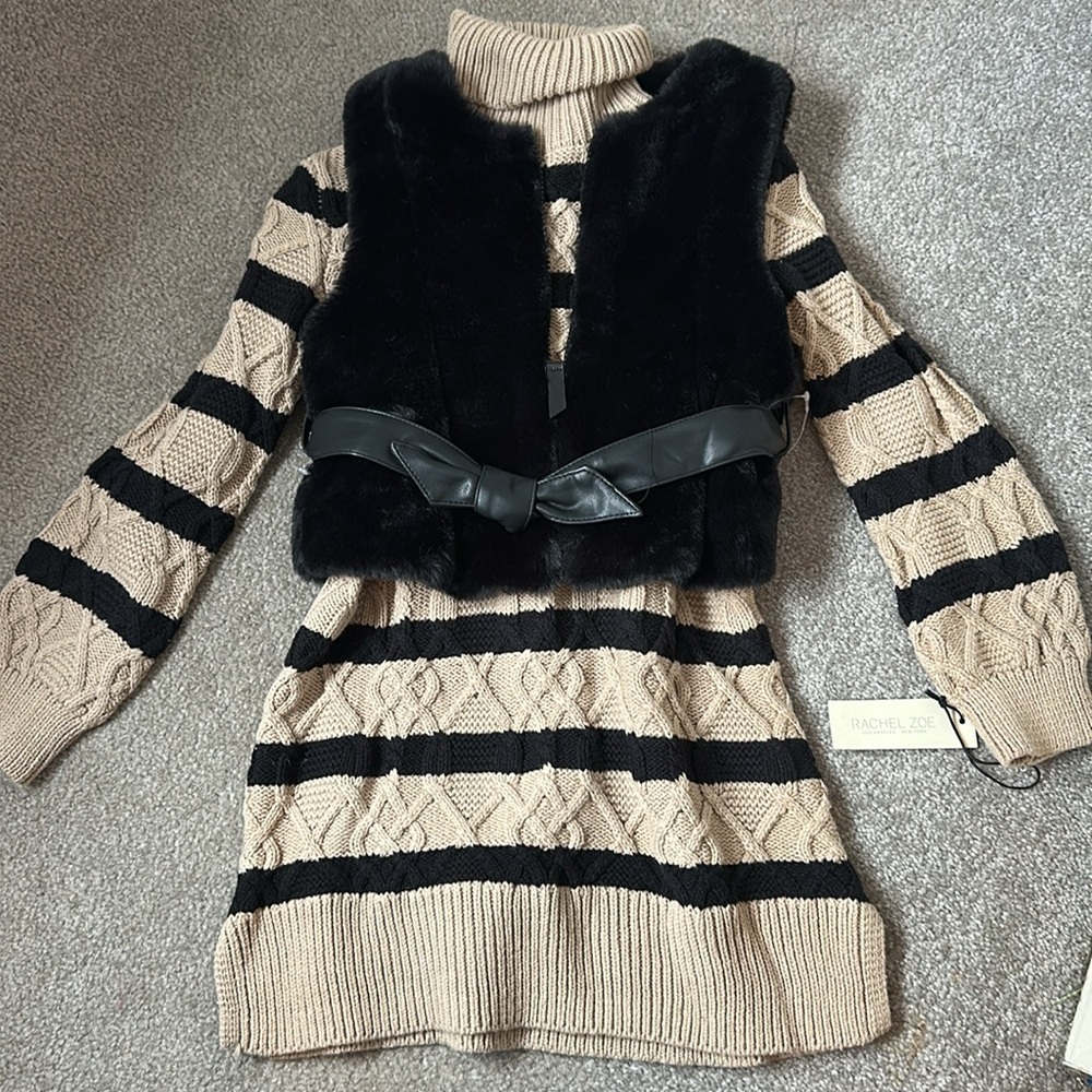 Rachel & Zoe Sweater Dress w/ Faux Fur Vest and Matching Belt Girls 5 NWT - Picture 6 of 6